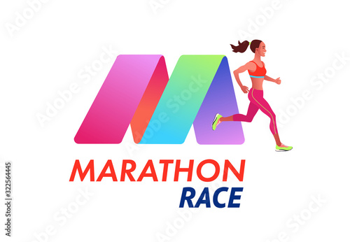 Running woman. Marathon logo type template. Sports competition, workout or exercise, athletics. Active lifestyle. Colorful vector illustration.
