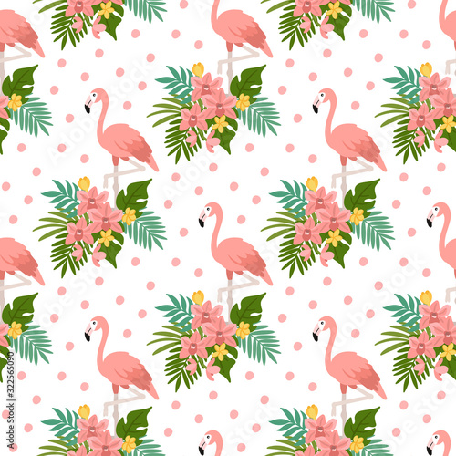 Seamess pattern with flamingo and tropical flowers, leaves. Сreative print for apparel, nursery decoration, textile, packaging, wrapping paper etc.
