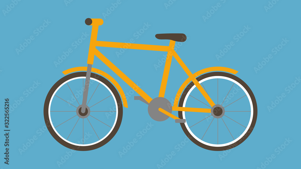 Male road bicycle. Travel background. Urban transport. Blue background. Sport, recreation, lifestyle. Fitness cycle. Cartoon style. Orange bike icon. Flat design