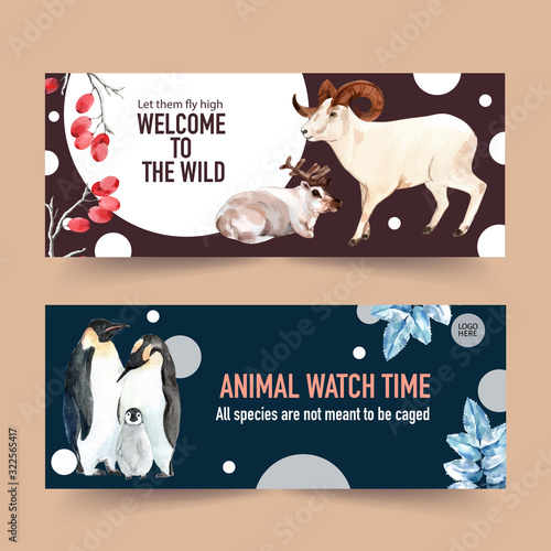 Winter animal banner design with mountain goat, penguin watercolor illustration.