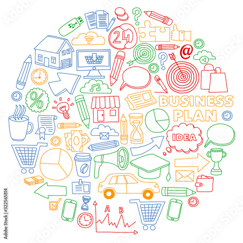 Business and management background. Pattern with finance icons. Conceptual illustration of projects organization, risk, development. Team working, budget planning.