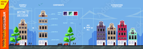 Amsterdam house constructor. Front view. Contains tree, bushes, car, bike rider and color palettes. Use module elements to build your own design of poster, banner, postcard, etc.