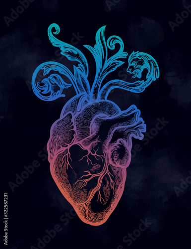 Naturalistic heart in a frame of flowers and thorns.Vintage gothic style inspired art. Vector illustration isolated. Tattoo design, trendy romance symbol for your use.