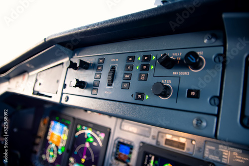 Cockpit view of a commercial aircraft