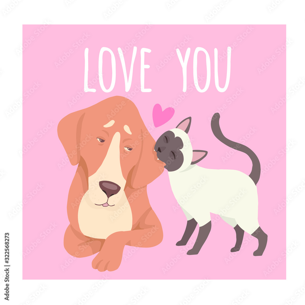 Vector illustration of a cute cat and dog. Cute romantic background with text Vector illustration of a cute cat and dog. Cute romantic background with text