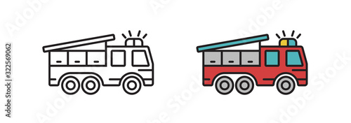 Fire truck icon in the vector. Transport symbol in a modern flat style. The sign is linear, isolated on a white background.