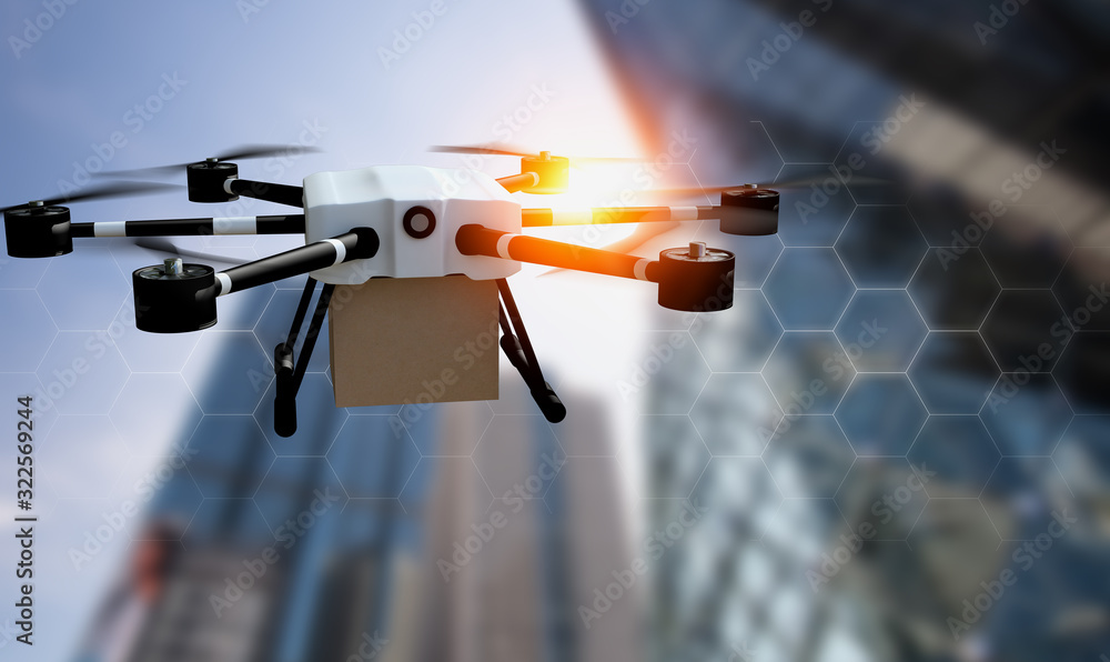 Delivery drone used to transport packages fly on city background blurred, technology society 5.0 and Smart city communication network 5g concept.sustainability & environmental harmony.3d rendering. - obrazy, fototapety, plakaty 