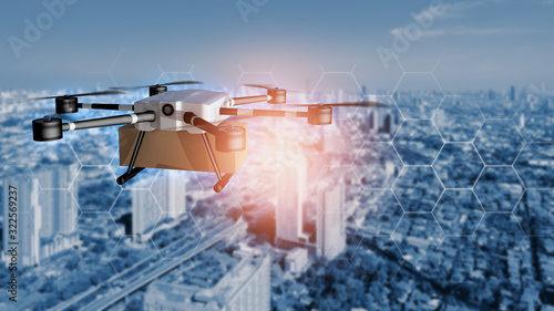 фотографія Delivery drone used to transport packages fly on city background blurred, technology society 5