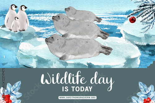 Winter animal frame design with sea lion, penguin watercolor illustration.