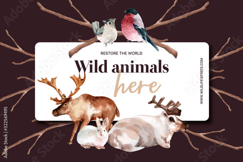 Winter animal frame design with bird, rabbit, deer watercolor illustration.