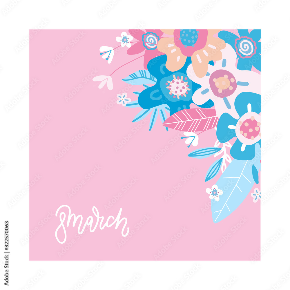 8 March International Women's Day greeting card template with colorful pastel flowers on corner and line trendy lettering. Vector flat doodle illustration 8 March International Women's Day greeting card template with colorful pastel flowers on corner and line trendy lettering. Vector flat doodle illustration