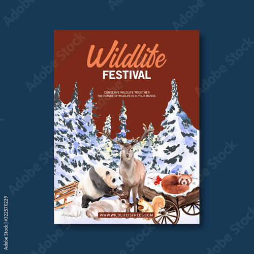 Winter animal poster design with pine tree, deer, panda  watercolor illustration.
