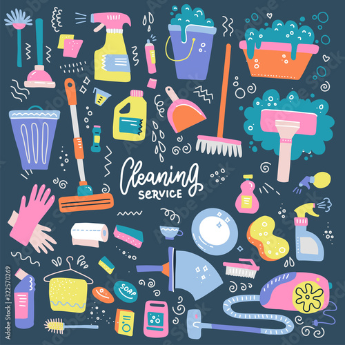 Set of Household cleaning supplies isolated icons in hand drawn flat style. Washing tools vector cartoon illustrations: bucket, chemistry . Graphic concept for web sites, banner, mobile apps