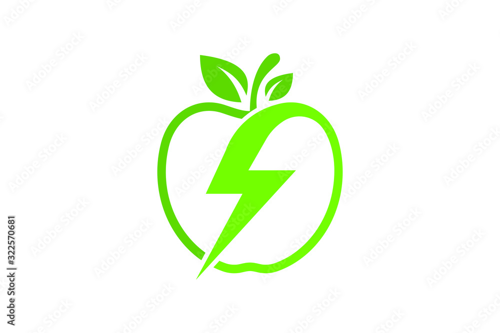 Apple and electricity logo sign symbol in flat style on white background Apple and electricity logo sign symbol in flat style on white background
