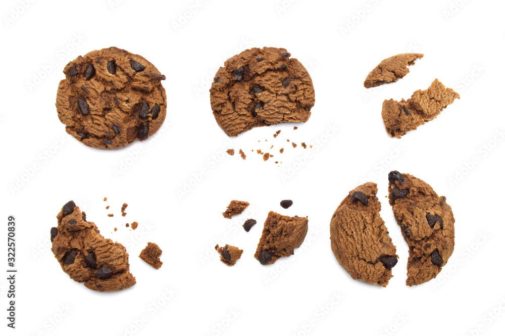 Chocolate chip cookies with some broken and crumbs isolated on white background in Top view. Chocolate chip cookies with some broken and crumbs isolated on white background in Top view.