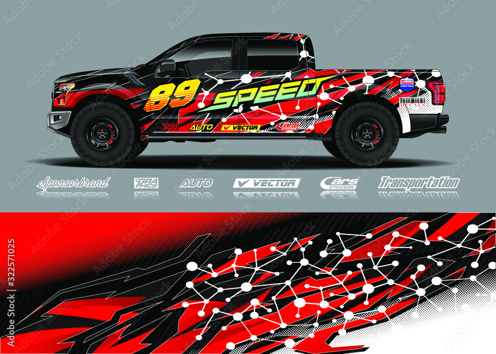Truck wrap design vector kit. Modern sport graphics. Abstract stripe racing  and grunge background for wrap all vehicle, race car, rally, adventure  vehicle and car livery. Stock Vector