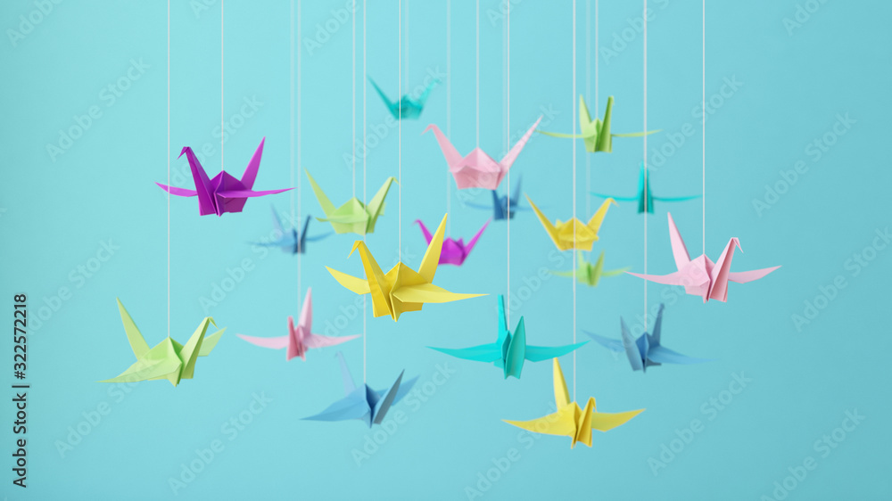 3D illustration-Colorful pastel origami paper cranes on blue background. - obrazy, fototapety, plakaty 