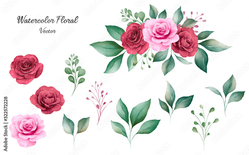 Φωτογραφία Set of watercolor floral elements vector of peach and burgundy rose flowers and leaves with bouquet