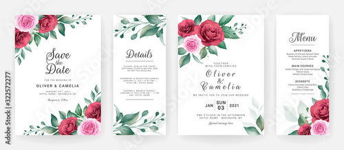Wedding invitation card template set with watercolor floral arrangements and border. Flowers decoration for save the date, greeting, menu, details, poster, cover, etc. Botanic illustration vector