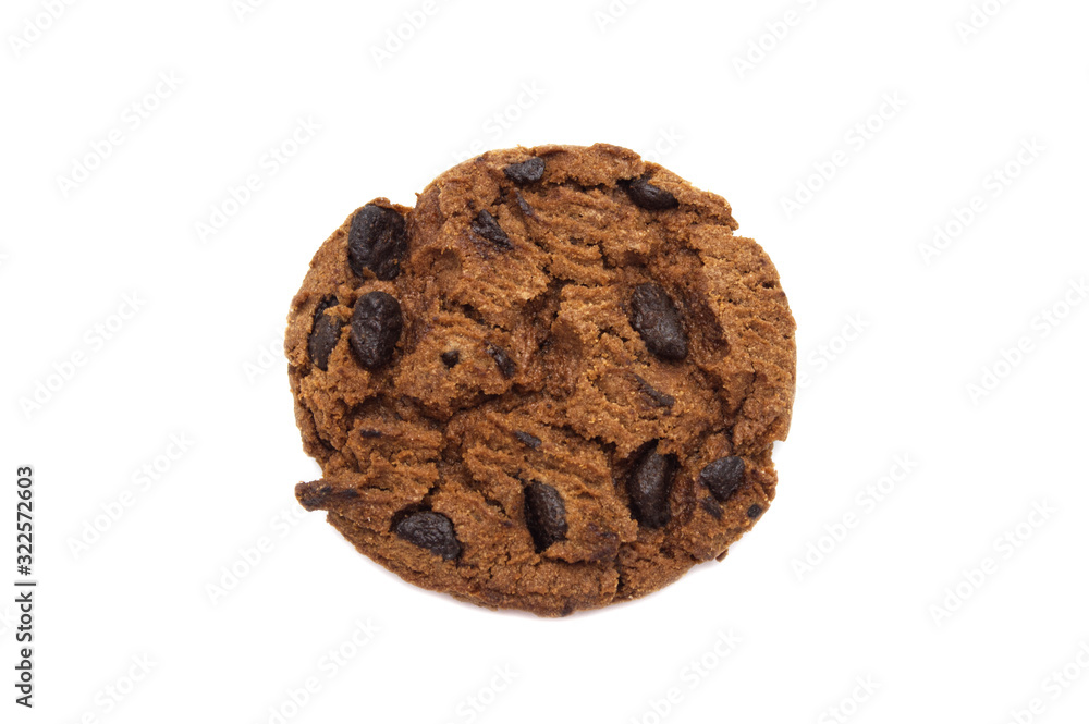 A single of chocolate chip cookies crunchy delicious sweet meal and useful biscuits isolated on white background. Homemade pastry. A single of chocolate chip cookies crunchy delicious sweet meal and useful biscuits isolated on white background. Homemade pastry.