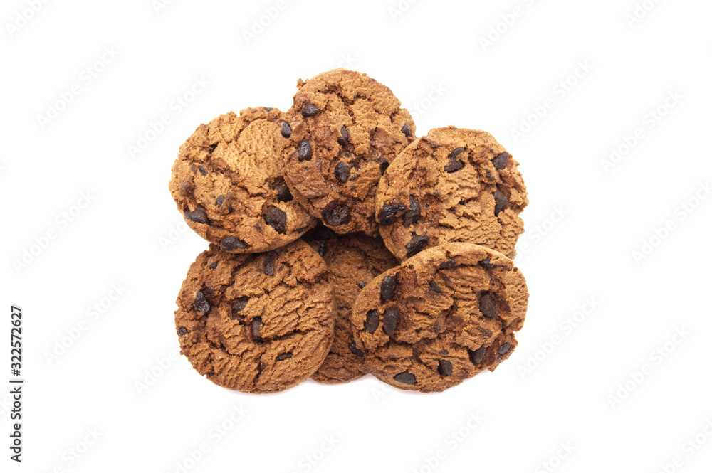 A pile of chocolate chip cookies crunchy delicious sweet meal and useful biscuits isolated on white background. Homemade pastry. A pile of chocolate chip cookies crunchy delicious sweet meal and useful biscuits isolated on white background. Homemade pastry.