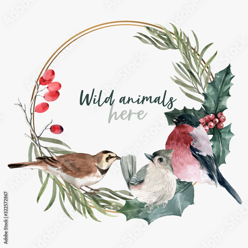 Winter animal wreath design with bird watercolor illustration.