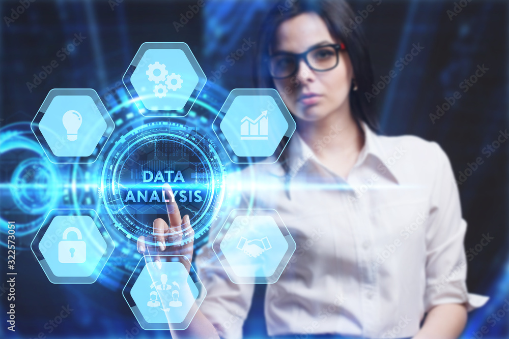 Business, Technology, Internet and network concept. Young businessman working on a virtual screen of the future and sees the inscription: Data analysis Business, Technology, Internet and network concept. Young businessman working on a virtual screen of the future and sees the inscription: Data analysis