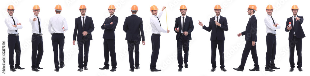 panoramic photo collage of confident architect isolated on white panoramic photo collage of confident architect isolated on white