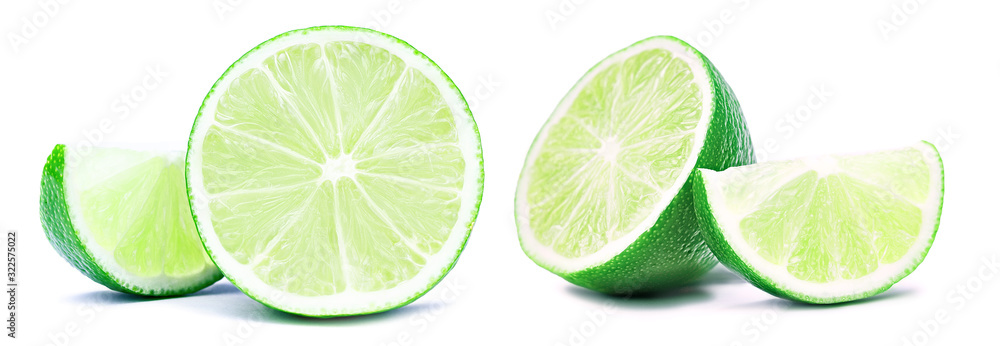 Half with slice of fresh green lime isolated on white background. Citrus and tropical fruits