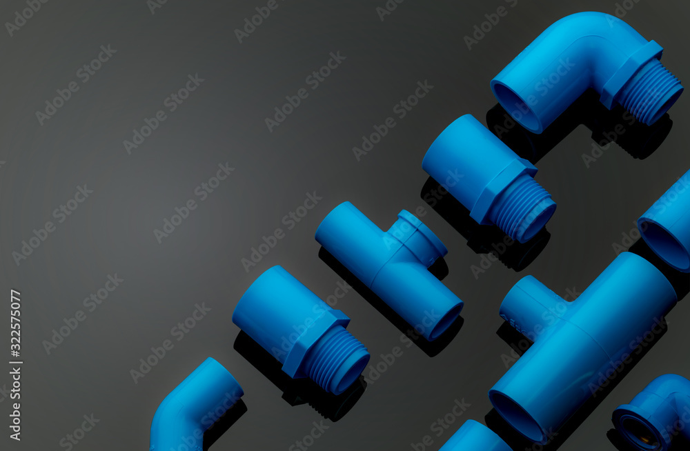 Set of blue PVC pipe fittings isolated on dark background. Blue plastic  water pipe. PVC accessories for plumbing. Plumber equipment. Bend and three  way connection plastic pipe for water drain sewage. Stock