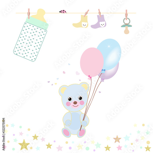 Baby shower greeting card with teddy bear, balloon, bottle, sock and stars greeting card. Baby first birthday, t-shirt, baby shower, baby gender reveal party design element vector