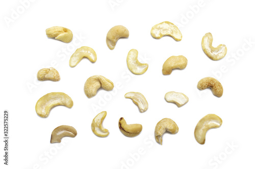 Malformed cashews nut salty roasted food ingredient natural isolated on white background.