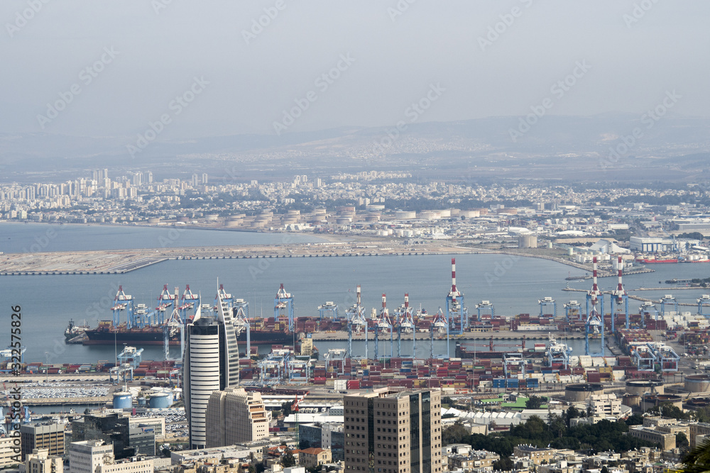 Hajfa, Israel - view from distance on modern buildings and port