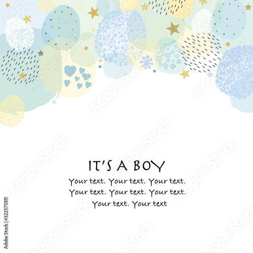 It's a boy. Baby shower greeting card with square, dots and stars greeting card. Baby first birthday, t-shirt, baby shower, baby gender reveal party design element vector