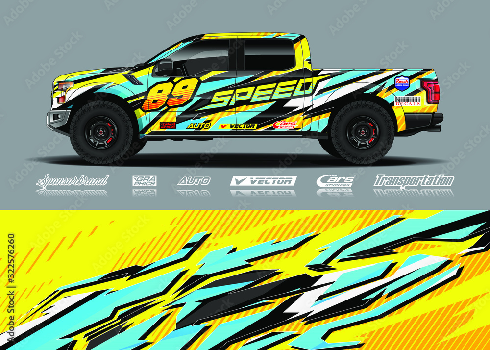 Truck wrap design vector kit. Modern sport graphics. Abstract stripe racing and grunge background for wrap all vehicle, race car, rally, adventure vehicle and car livery. Truck wrap design vector kit. Modern sport graphics. Abstract stripe racing and grunge background for wrap all vehicle, race car, rally, adventure vehicle and car livery.