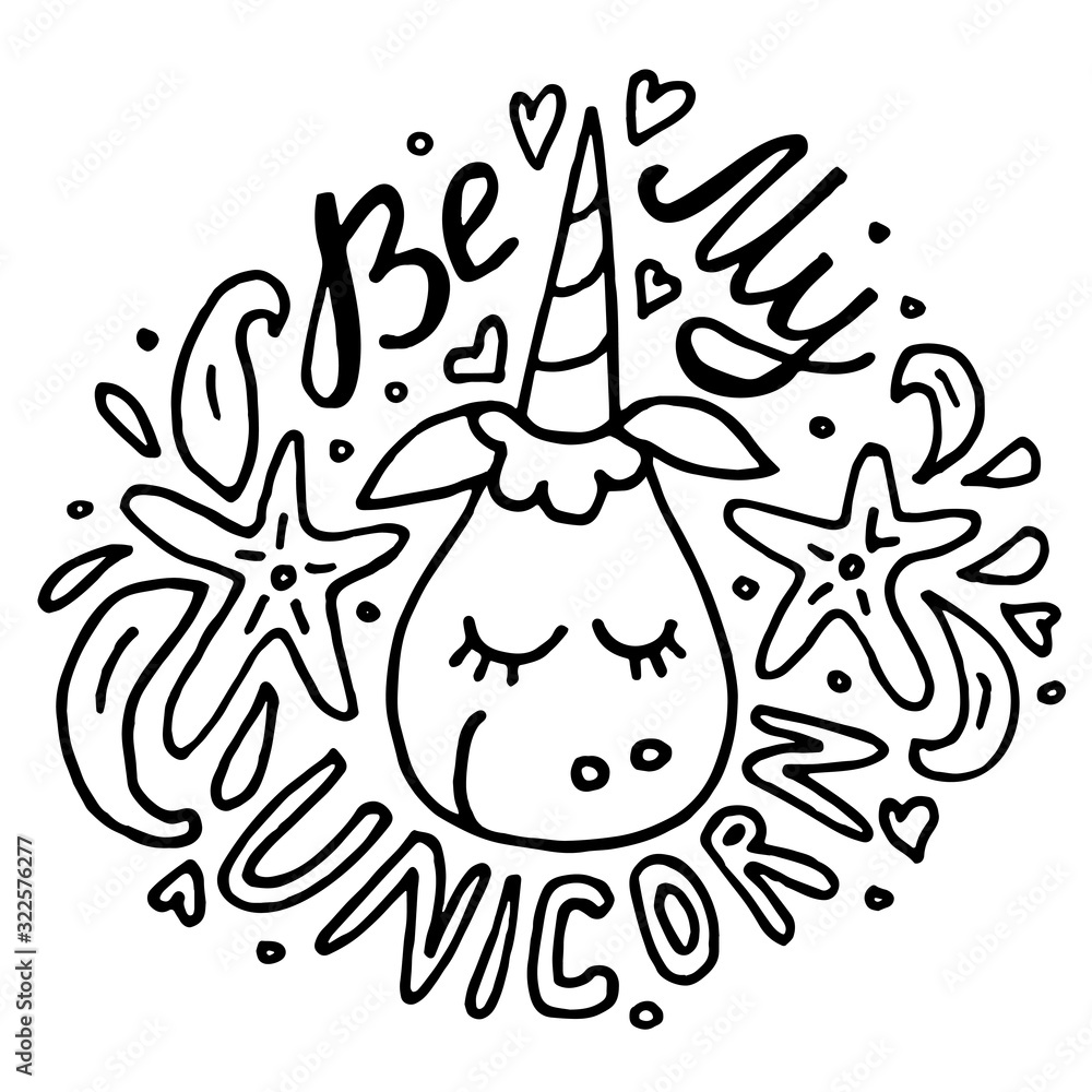 Be my Unicorn doodle with lettering. hand drawn thin line card about freedom. Cute unicorn with closed eyes and lettering with stars around. Be my Unicorn doodle with lettering. hand drawn thin line card about freedom. Cute unicorn with closed eyes and lettering with stars around.