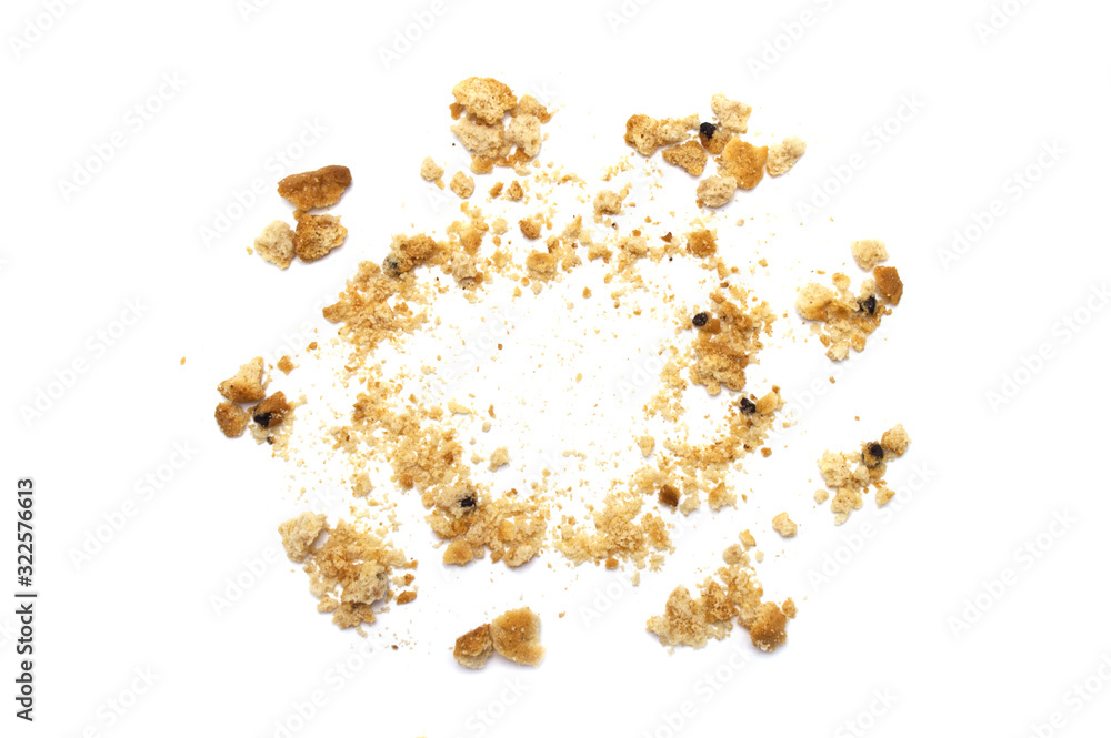 Scattered crumbs of chocolate chip cookies isolated on white background. Sweet biscuits delicious and crunchy homemade pastry. Scattered crumbs of chocolate chip cookies isolated on white background. Sweet biscuits delicious and crunchy homemade pastry.
