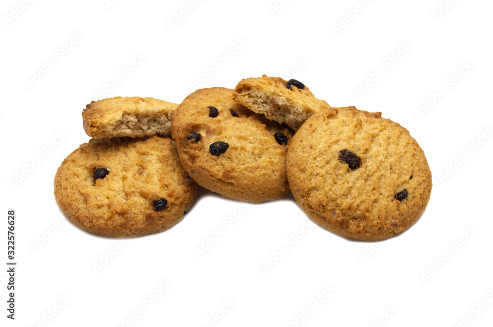 Chocolate chip cookies with cracks isolated on white background. Sweet biscuits delicious and crunchy homemade pastry. Chocolate chip cookies with cracks isolated on white background. Sweet biscuits delicious and crunchy homemade pastry.