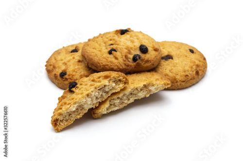 Chocolate chip cookies with cracks isolated on white background. Sweet biscuits delicious and crunchy homemade pastry.