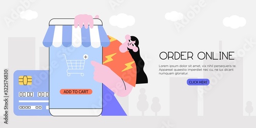 Online Payment concept, Woman character doing purchase or buy online with credit or charge card with application on smartphone. Suitable for web landing page, ui, mobile app, banner template.