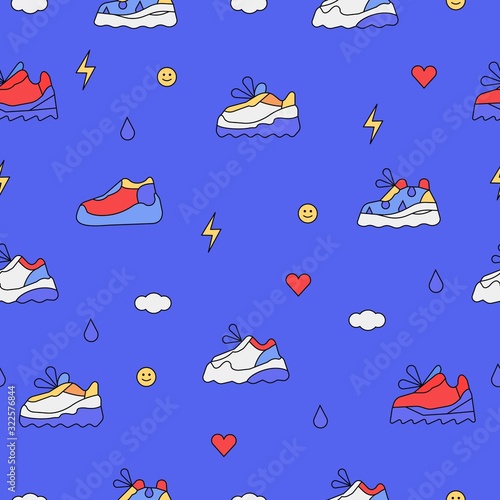 Seamless pattern with trendy retro sneakers, dad or ugly shoes on high platform for print, texture design, wrapping paper, textile or fabric ornament. Reapeat drawing in a trendy style. photo