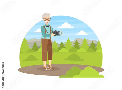 Senior Man Photographer Taking Picture in Nature, Elderly People Active Lifestyle Vector Illustration