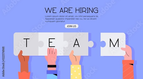 Different hands holding jigsaw puzzle with a word team. Concept or we are hiring or join our team banner, flyer, landing page or social media post. Team building or free vacancy and job opportunity.