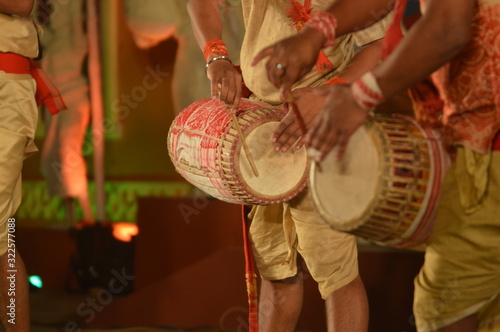 Artist perform with indian music instrument dhol in open stage festival