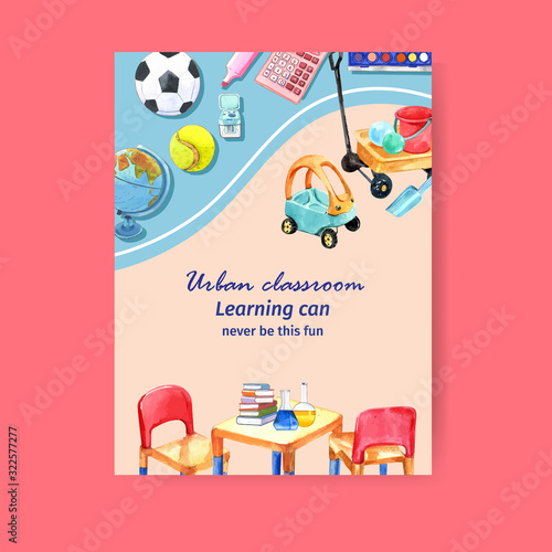 School poster design with cart, chair, desk watercolor illustration.