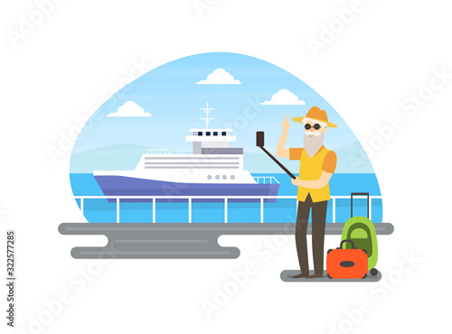 Senior Man Making Selfie in Front of Cruise Ship, Elderly People Active Lifestyle Vector Illustration