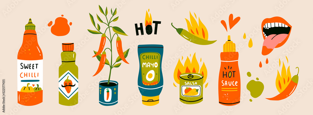 Big set of hot Chilli sauces. Red and green Hot Chili peppers. Various spicy dressings, mayo, salsa. Burning hot. Different bottles. Hand drawn colored vector illustration. All elements are isolated - obrazy, fototapety, plakaty 