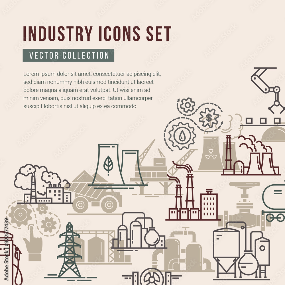 Vector collection with a set of industrial icons in linear and flat style.