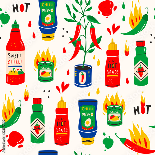 Red hot Chilli sauces. Red and green Hot Chili peppers. Various spicy dressings. Different bottles. Hand drawn colored vector Seamless Pattern. Background texture