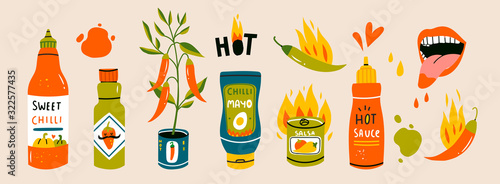 Big set of hot Chilli sauces. Red and green Hot Chili peppers. Various spicy dressings, mayo, salsa. Burning hot. Different bottles. Hand drawn colored vector illustration. All elements are isolated